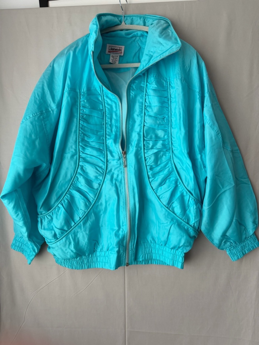 1980s Vintage silk Janeve Turquoise Ruffle-Trim Bomber Jacket (D0127)